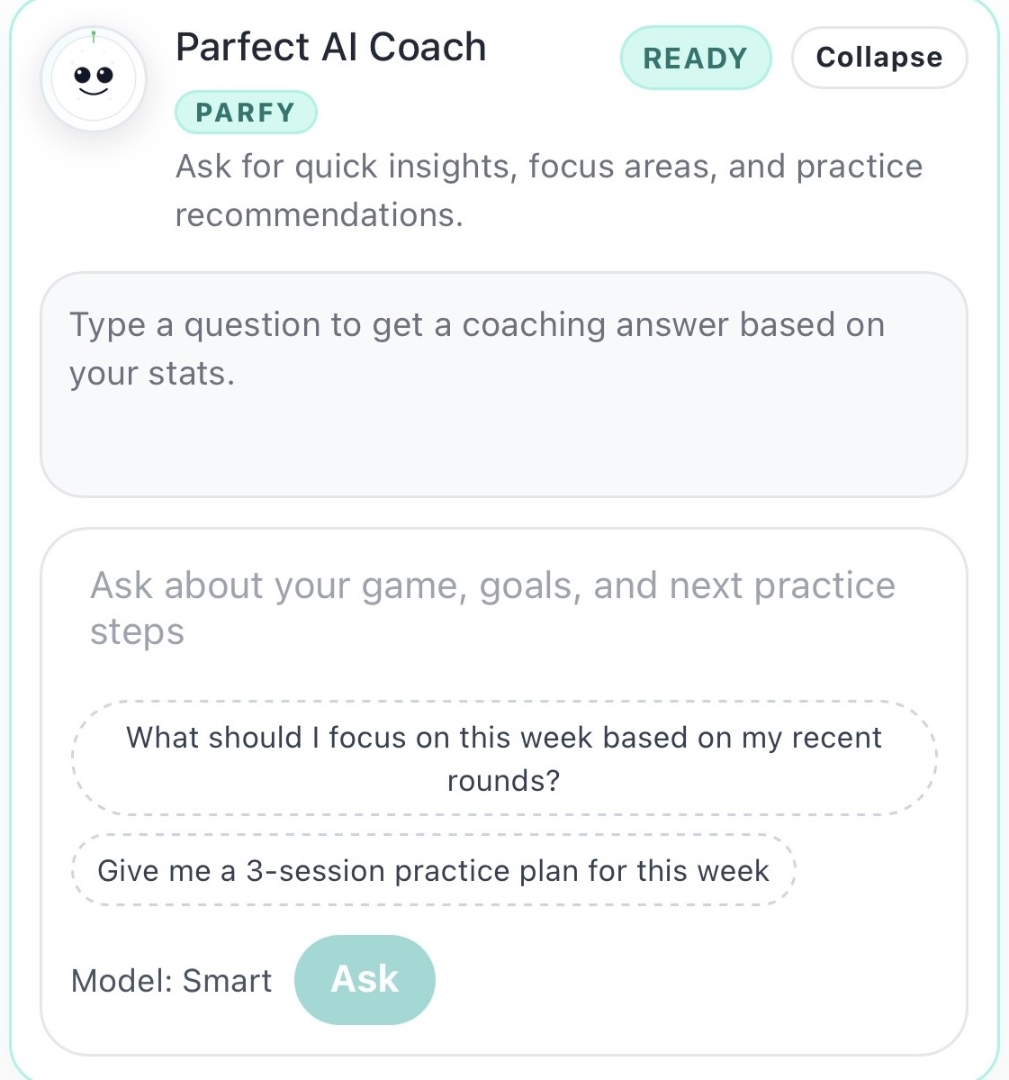 Parfy AI chatbot interface showing practice scheduling and insights