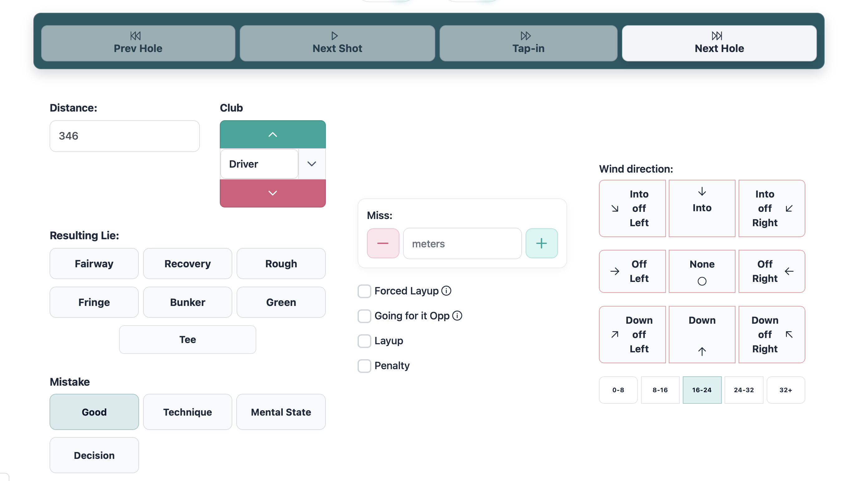 Parfect Performance round entry screen.
